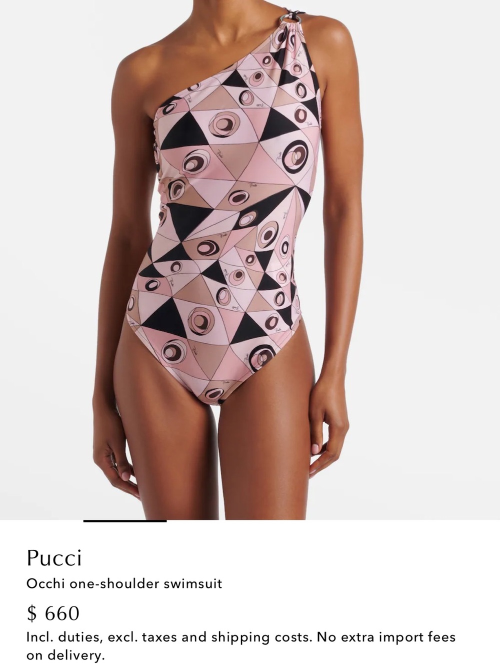 Emilio Pucci One-Shoulder Occhi Geometric Pink Black Tan Swimsuit - Picture 2 of 7